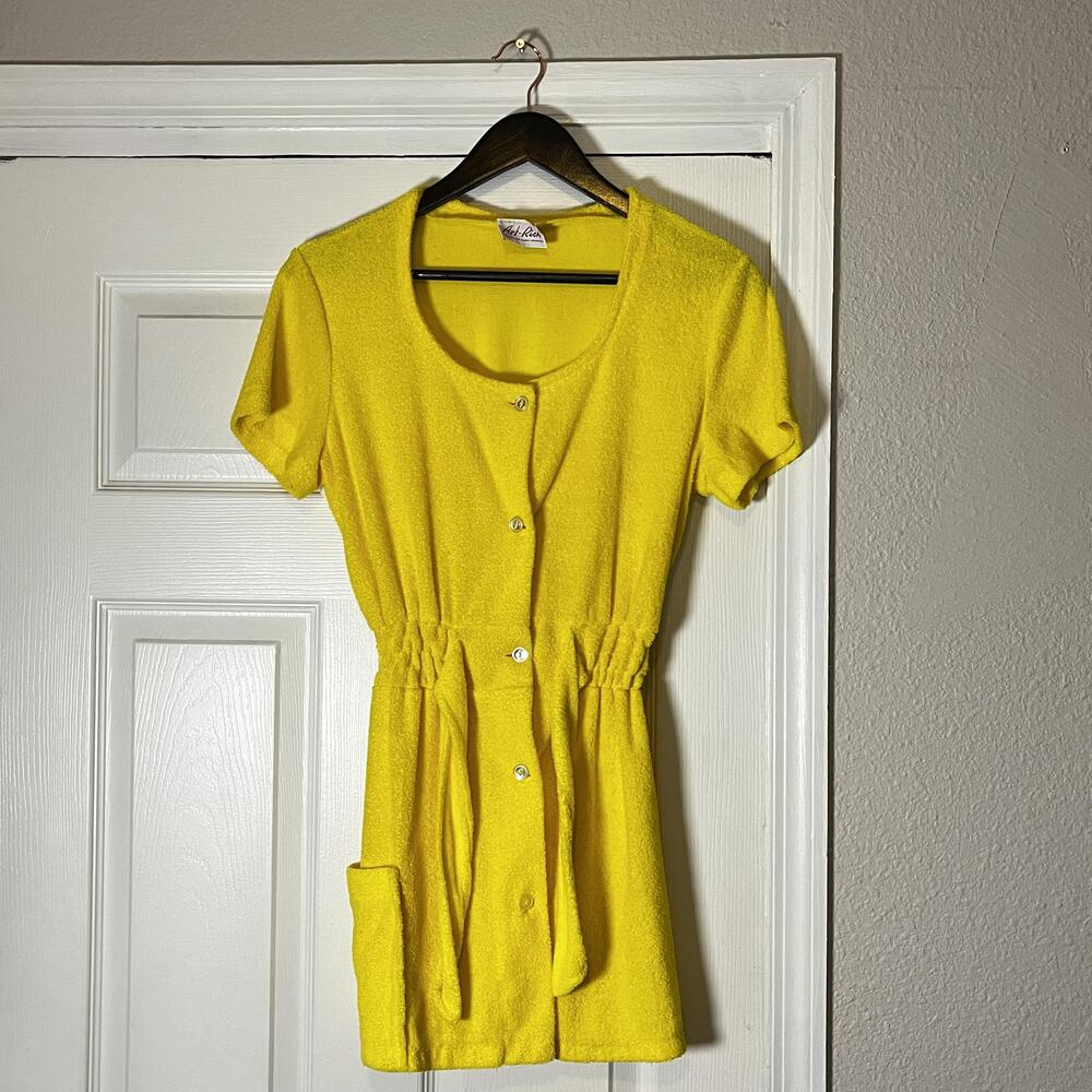 Vintage Art-Rich Terry Dress 1960s Medium 50s Yellow Button Shirt Swim Cover Up